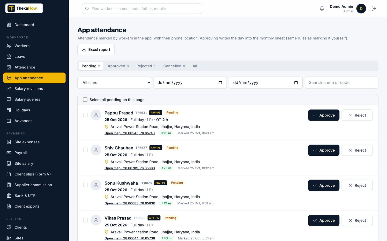 Workers mark attendance from the app