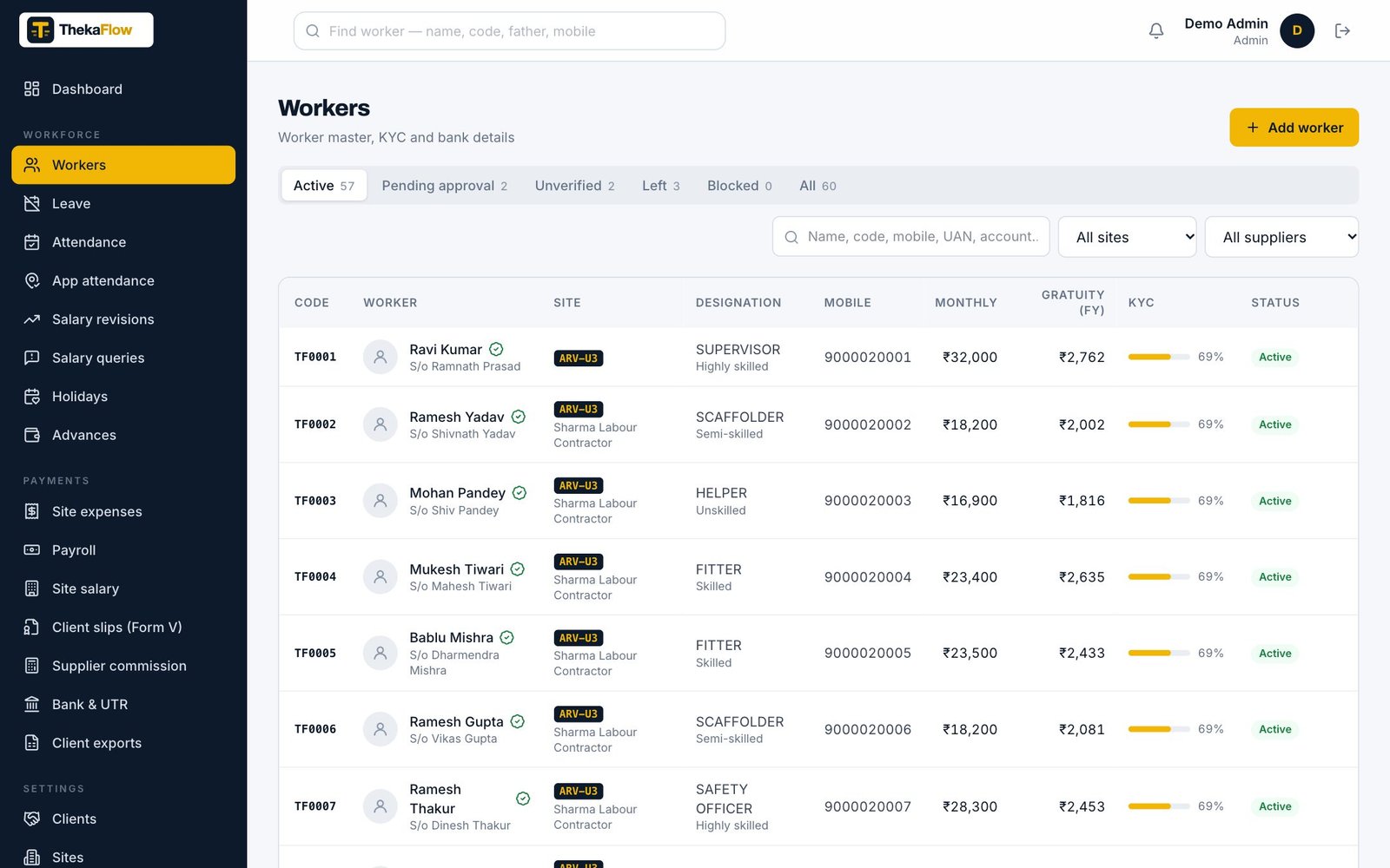 Workers & KYC screen
